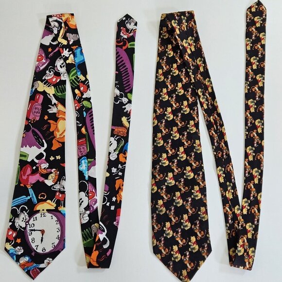 Disney Themed Silk Tie Lot of 2 Pooh Mickey Donald AOP W3.5 L57.5 - 58.5 Boho - Picture 1 of 16